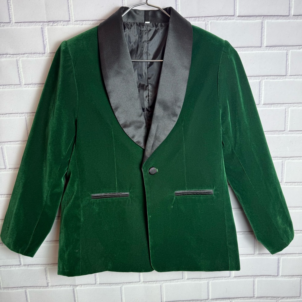 Boys Classic Fit green Velvet Blazer Lapel Long Sleeve One Button Suit  /size 10